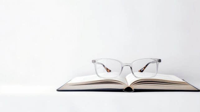A cozy and relaxing image of an open book with a pair of glasses on it. The book is open to the middle and the pages are slightly curved. The glasses are transparent with a silver frame. The image is
