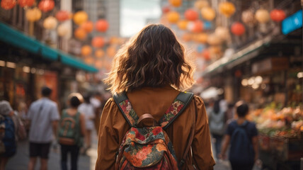 Woman portrait from behind walking in the streets wearing a colorful backpack