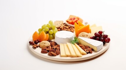 serving dish with cheese Delicious dried fruits include bread, tomatoes, red berries, and grapes. appetizer.