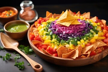 rainbow nachos with various colored tortilla chips