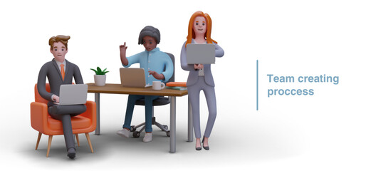 Team creating new project at work concept. Young woman, American man with colleague working on computers in office. Productivity and efficiency in business. Vector illustration