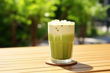 a full glass of iced matcha latte on a hot day