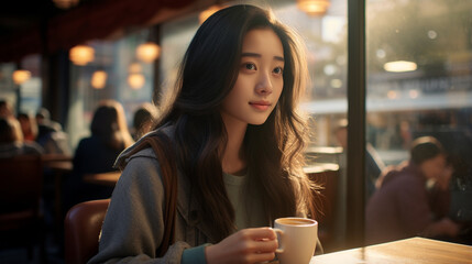Asian girl sits at table, holding a latte - Generative AI