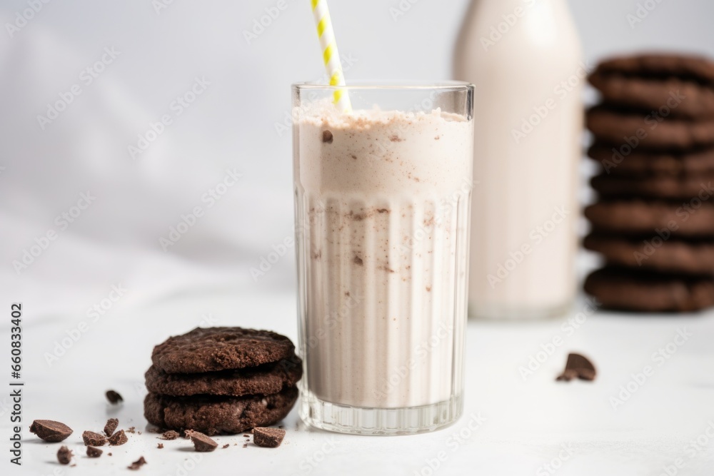 Poster oreo themed milkshake with a whole cookie on top