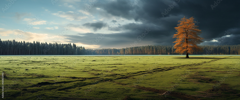 Poster a green field with trees - generative ai
