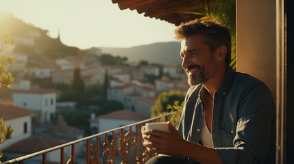 A Hispanic man in his 40s with a goatee sitting on a balcony in Spain, morning time, beautiful sunrise, copy space - Generative AI - obrazy, fototapety, plakaty