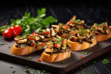 fresh toasted mushroom bruschetta with parsley garnish on a dark slate board