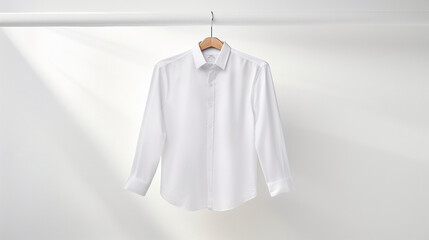 Advertising style photography of a White Y-shirt hanging in the air, white clear background. - Generative AI