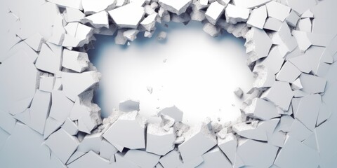 Breaking out of a hole in solid White wall, torn hole, empty copy space frame, mockup. Generative AI image weber.
