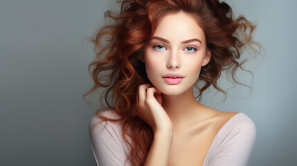 Fototapeta premium Portrait beautiful perfect woman with beautiful. and perfect skin, cosmetics, skincare, makeup, wellness concept with empty copy space for text background color studio