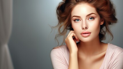 Fototapeta premium Portrait beautiful perfect woman with beautiful. and perfect skin, cosmetics, skincare, makeup, wellness concept with empty copy space for text background color studio