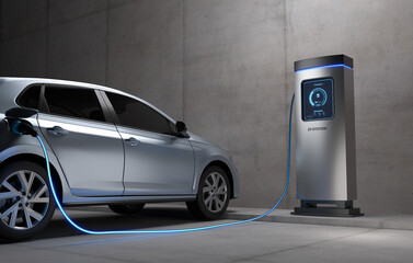 Fototapeta premium EV Charging Station, Clean energy filling technology, Electric car charging.
