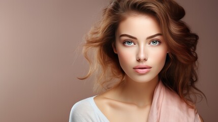 Fototapeta premium Portrait beautiful perfect woman with beautiful. and perfect skin, cosmetics, skincare, makeup, wellness concept with empty copy space for text background color studio
