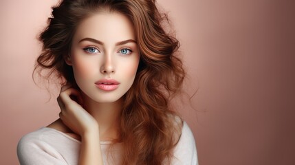 Naklejka premium Portrait beautiful perfect woman with beautiful. and perfect skin, cosmetics, skincare, makeup, wellness concept with empty copy space for text background color studio