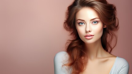 Fototapeta premium Portrait beautiful perfect woman with beautiful. and perfect skin, cosmetics, skincare, makeup, wellness concept with empty copy space for text background color studio