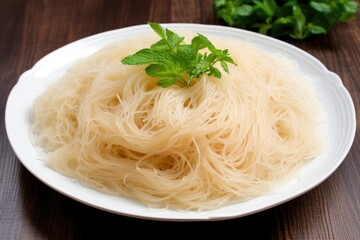 cooked vermicelli gathered on a white plate