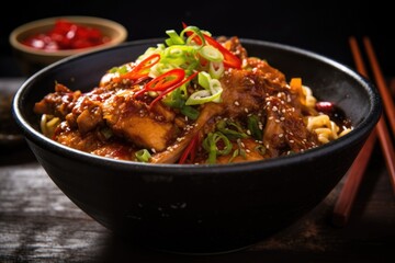spicy chicken ramen in a glazed ceramic bowl
