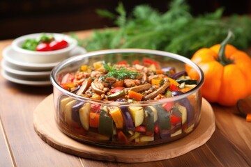 ratatouille in glass dish with wooden table background