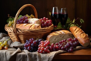 basket with grapes and fresh baguettes on a rustic background