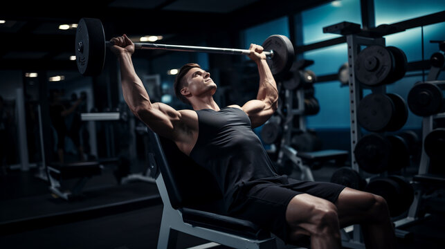 Man works out on Inline Bench Press at gym, muscular body - Generative AI