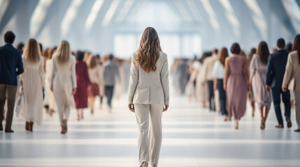 a woman, suit, society, company, organization that follows walkers alone - Generative AI - obrazy, fototapety, plakaty