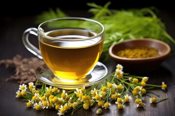 an image of chamomile flowers next to a cup of tea