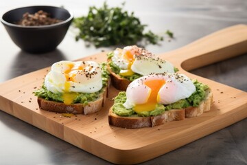 arrangement of avocado toasts with poached eggs on a wooden board