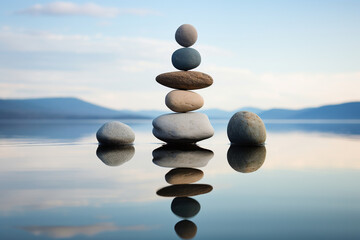 minimalist arrangement of balanced stones in a serene natural setting, representing the equilibrium achieved through meditation and mindfulness.
