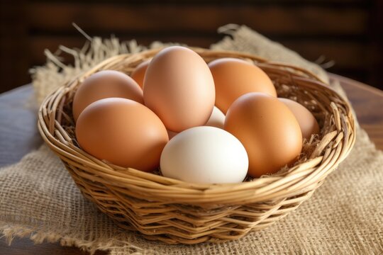 farm fresh eggs in a woven basket for baking