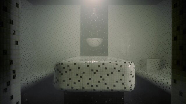 There is an empty hammam � a Turkish steam sauna. Its interior is modern � tiled and white. The hammam has one lamp on the wall.