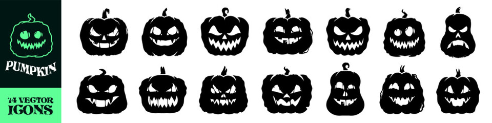 Halloween pumpkin icon set. Grunge style.