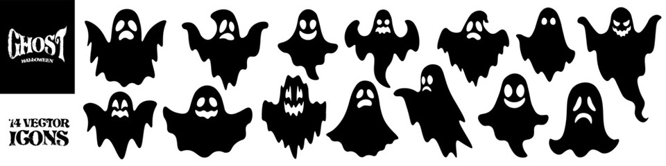 Ghost icon set. Halloween monster set. Silhouette style.