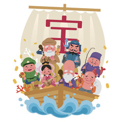宝船に乗る七福神のお正月素材