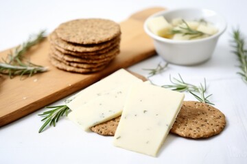 rye crackers with asiago cheese and rosemary sprig on a white table