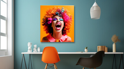 framed print canvas wall cheerful happy woman, Interior - Generative AI