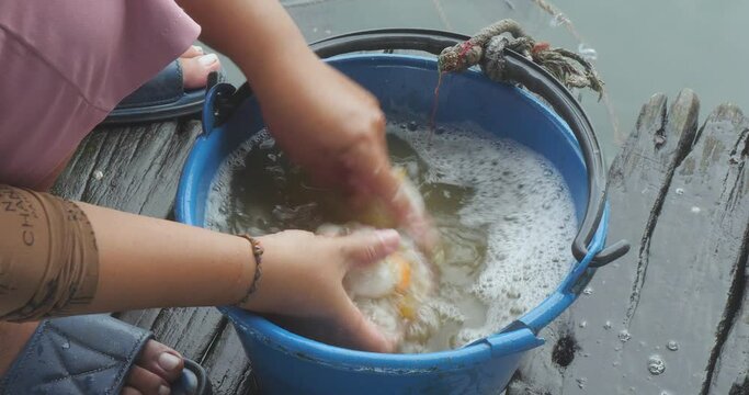 Close-up of a woman opening a fresh asian scallop in its shell