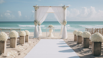 glamourous beach wedding ceremony flower decor, the background of the sea - Generative AI