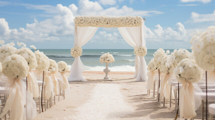 glamourous beach wedding ceremony flower decor, the background of the sea - Generative AI - obrazy, fototapety, plakaty