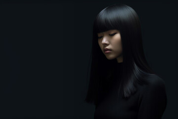 long hair asia girl, close up half profile shot in the darkness with very little light, dramatic pose - Generative AI