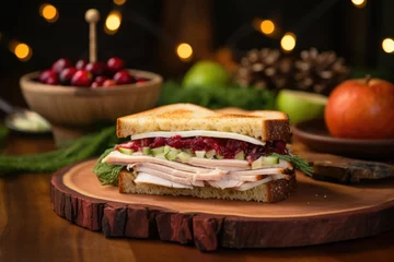 Zelfklevend Fotobehang gourmet turkey and cranberry sandwich on a patterned wooden board © altitudevisual