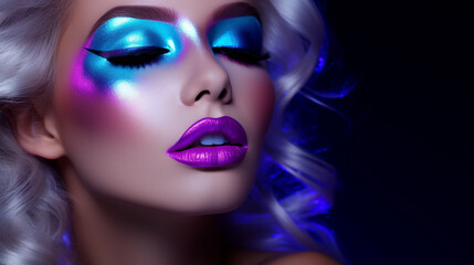 High Fashion model metallic silver lips and face woman in colorful bright neon uv blue and purple lights, posing in studio, beautiful girl, glowing make-up, colorful make up - Generative AI