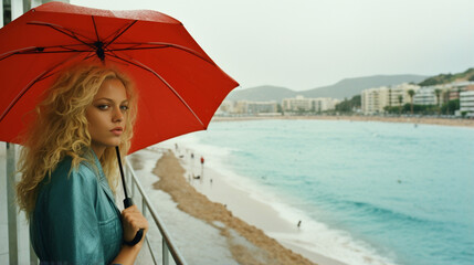 the sea, raining, beautiful blonde girl in the rain, travel - Generative AI