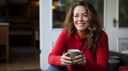front view of a 48-year-old long-haired American woman sitting in her kitchen wearing a long - sleeve red top and looking very happy and smiling with her high quality cup of coffee she - Generative AI - obrazy, fototapety, plakaty