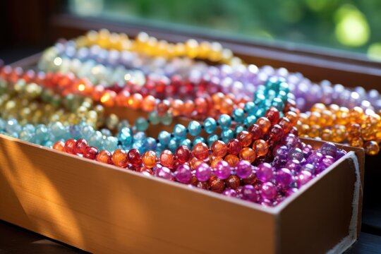 box filled with strings of beaded garlands