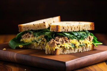 tuna sandwich with lettuce and a strip of yellow mustard