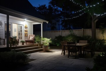 a well-lit backyard with a motion-sensor light activated