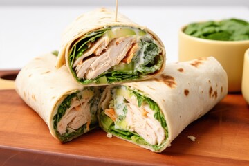 wrap with sliced grilled chicken, lettuce, and caesar dressing