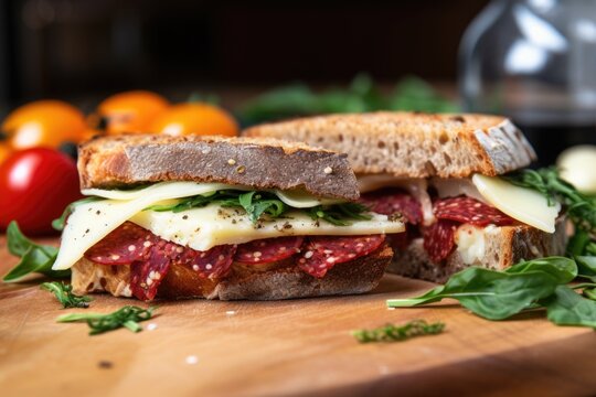 detailed shot of a salami and cheese sandwich on sourdough - Powered by Adobe