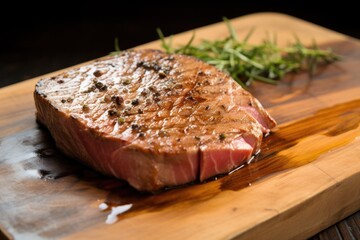 tuna steak showing sear marks, on a board