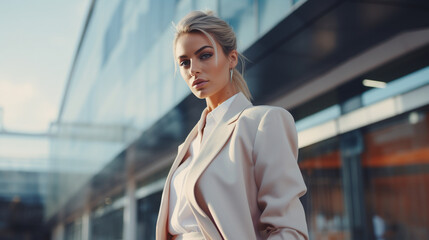Fototapeta premium Building Background Business female models. an orange suit, a sophisticated atmosphere - Generative AI